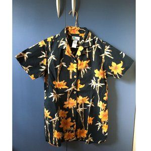 Tropical Print Black Button Down Shirt